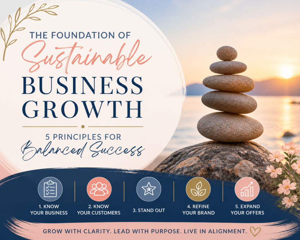 A picture of zen rocks pointing to a foundation of sustainable business growth. 5 Principals for balanced success.