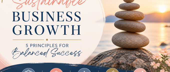 A picture of zen rocks pointing to a foundation of sustainable business growth. 5 Principals for balanced success.