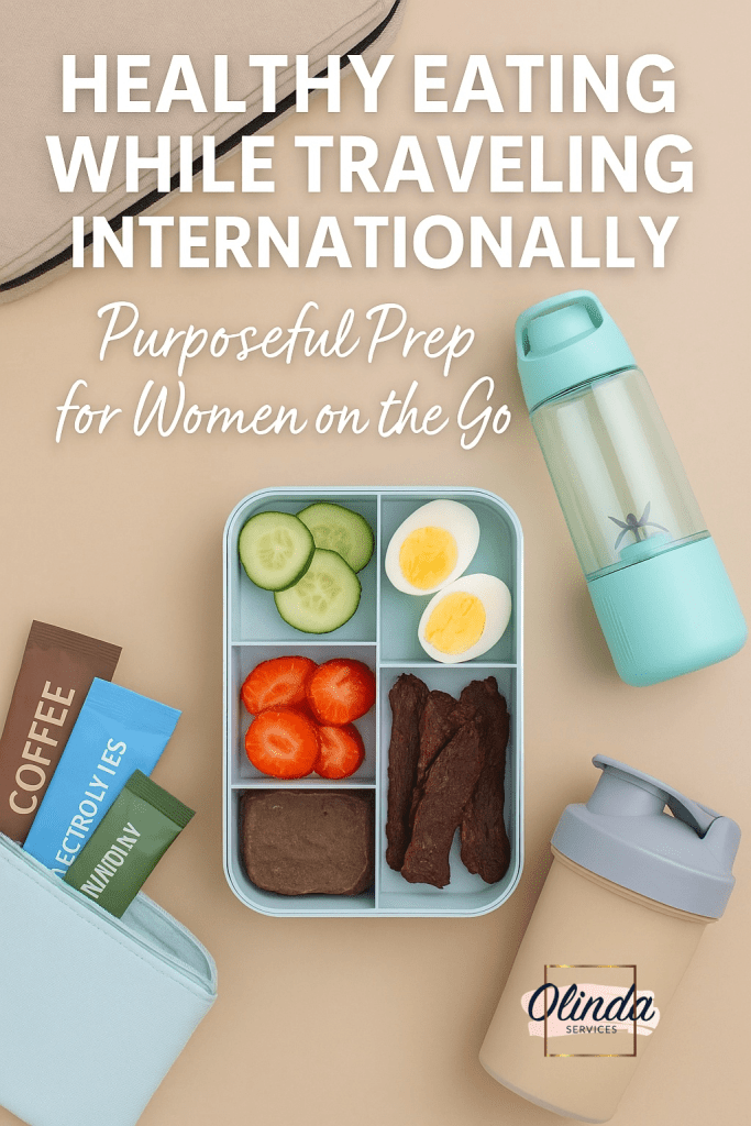Flat lay of a travel blender, bento box with healthy snacks, and protein shake—representing healthy eating while traveling internationally.
