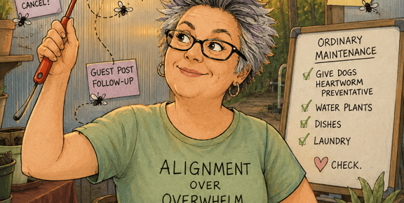 Woman swatting flies representing unfinished tasks and mental clutter.